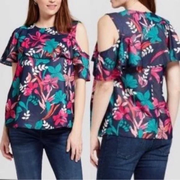 Isabel Maternity (XL) Pink Navy Teal Floral Top with Cold Shoulder and ruffles - Picture 2 of 9
